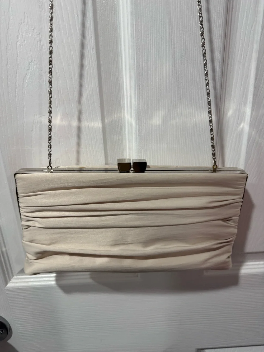 Lulu Townsend Elegant Cream Ruched Evening Clutch with Chain Strap
